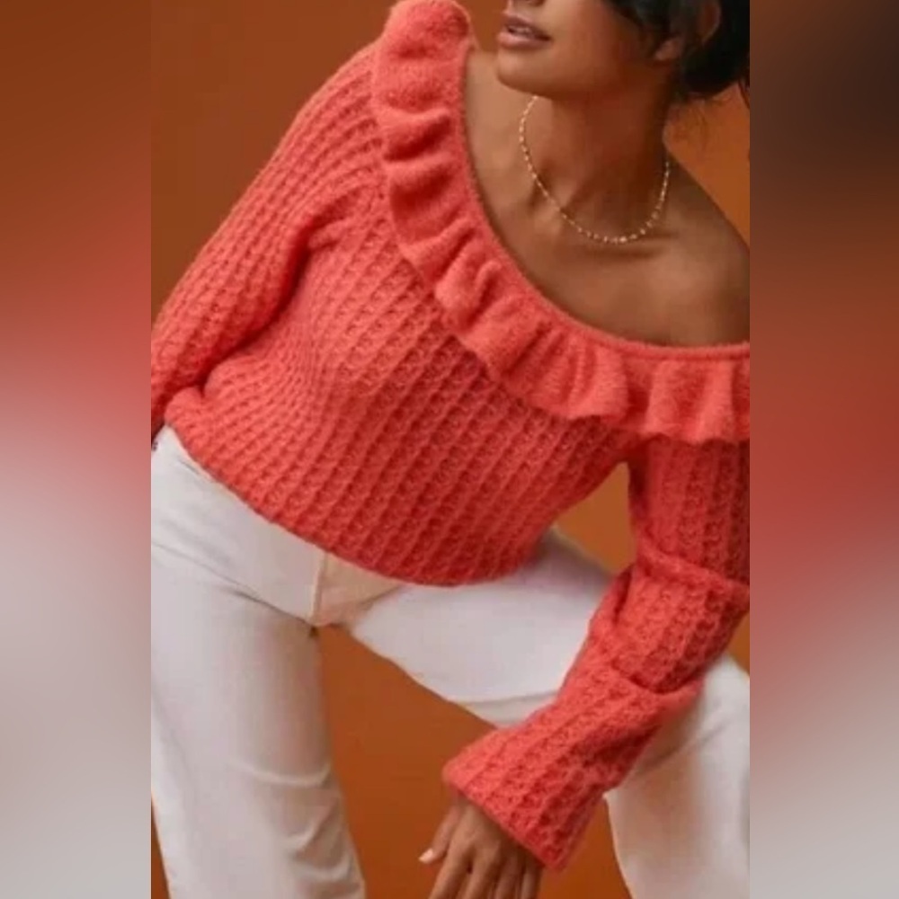 Anthropologie Coral Ruffled Off-Shoulder Sweater